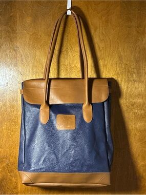 Vtg Lewis & Hyde 80s Carry On Tote Bag Navy/Brown Pebbled Travel Beach Vacation